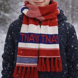 TNA Aritzia Red White Blue Logo Knit Scarf Fringe OS
